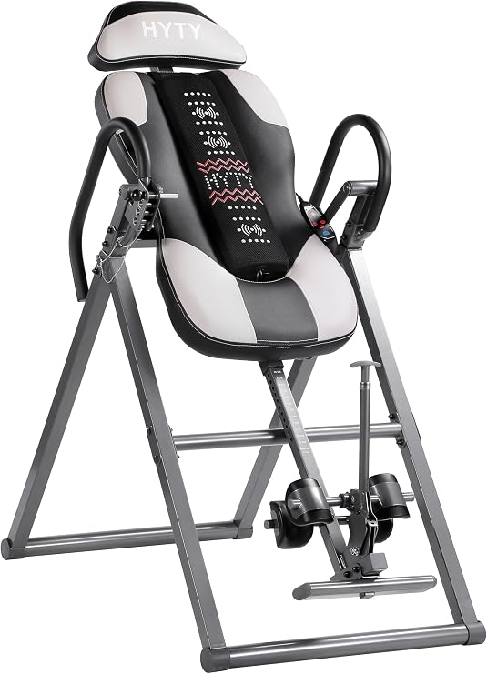 HYTY Advanced Heat and Massage Heavy Duty Inversion Table, Folding Heavy Duty Inversion Table with Adjustable Headrest & Comfortable Ankle Holders, Back Inverter/Strength Training, 300 Lbs