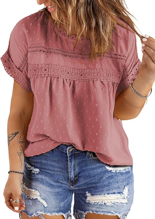 Eytino Womens Plus Size Tops Short Sleeve Crewneck Boho Chiffon Blouses