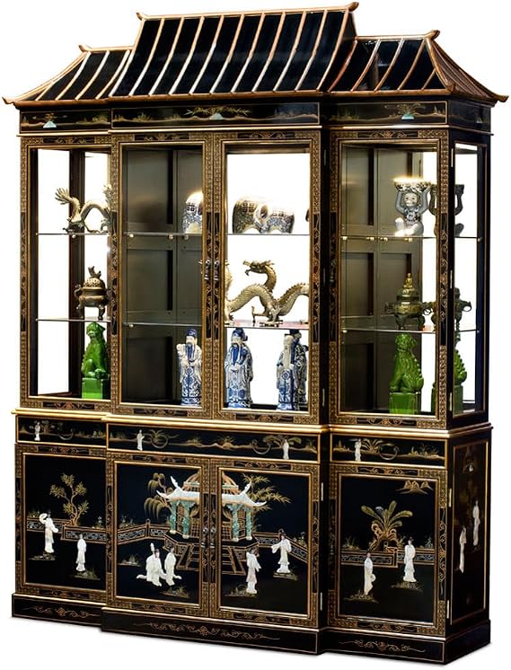 Black Lacquer Mother of Pearl Pagoda Oriental China Cabinet - with Free Inside Delivery