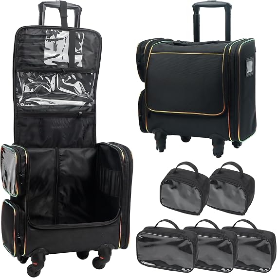 Rolling Makeup Train Case, Professional Makeup Organiser Case, Large Travel Cosmetic Organizer Make Up Storage Bag Trolley for Artist, Hairstylist, Vanity Beauty Box with 5 Toiletry Bags