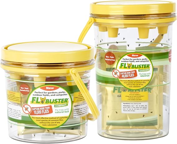 Flybuster Fly Trap | Outdoor Device for Catching Flies | 1-Liter and 2-Liter Bundle Pack |  with Two Flytraps and 2 Bait Packets | Non-Toxic | Child & Pet Safe