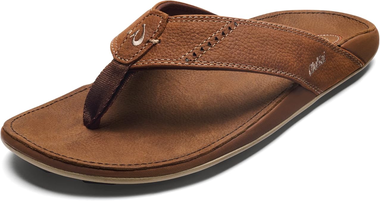 OluKai Nui Men's Beach Sandals, Full Grain Leather Flip-Flop Slides