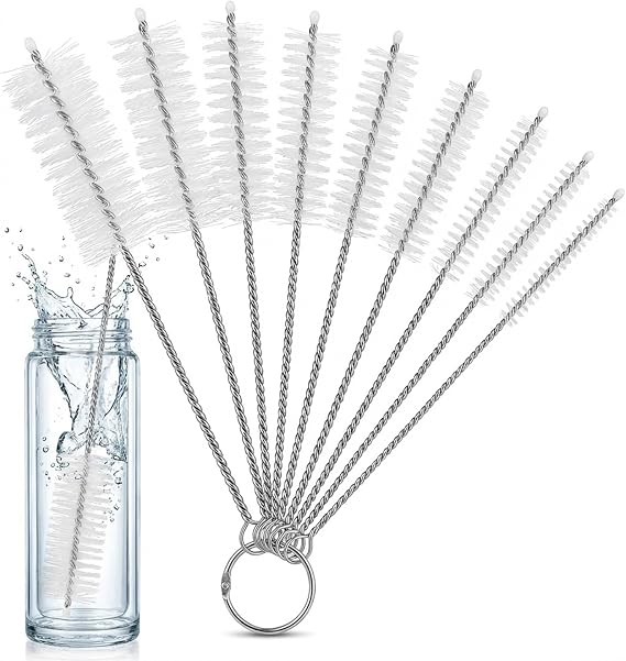 Mini Straw & Pipe Cleaning Nylon Brushes | 10 Brush Set | 8 inch Length | Flexible, Non-Scratch, Rust-Resistant Steel Handle | Reusable Straws, Pipes, Tubes, Mini Bottles etc