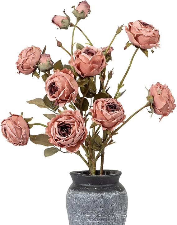 LFF 12 Blooms Vintage Artificial Roses, 4Pcs Faux Silk Roses Bouquet with Long Stems,Fake Dried Flowers for Vase Filler Indoor Home Table Centerpiece, Weddings, Parties Decor
