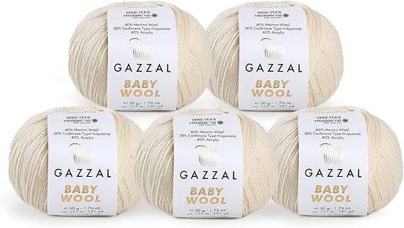 5 Pack - Gazzal Baby Wool 1.76 Oz (50g) / 191 Yards (175m) Fine Baby Yarn, 40% Lana Merino, 20% Cashmere Type Polyamide; (Beige - 829)