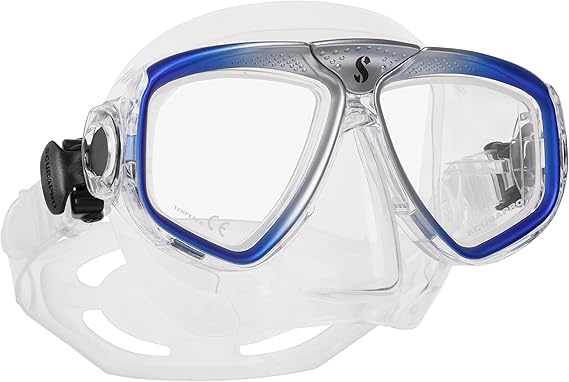SCUBAPRO Zoom Scuba Mask with Ultra Clear Dual Lens and Lens-Change System for Optical Lenses for Diving, Clear/Blue/Silver