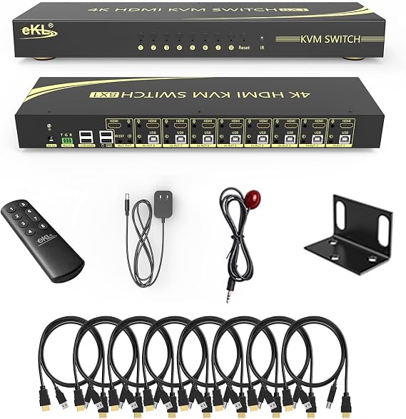 eKL KVM Switch, 8 Port v2.0 HDMI KVM Switch Supports Hotkeys Swapping 4K@60Hz 4:4:4 1080p 3D, 8 in 1 Out 8 PCs Sharing with One Set of Keyboard and Mouse