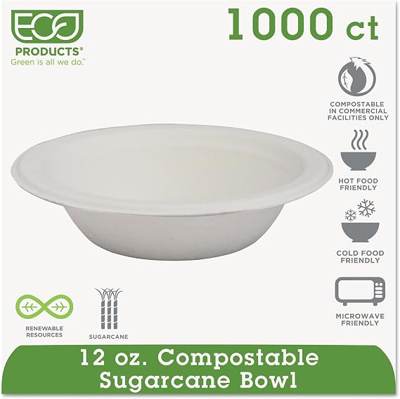Eco-Products EPBL12 - Compostable Sugarcane Dinnerware, 12 oz. Bowl, Natural White, 1000/Carton