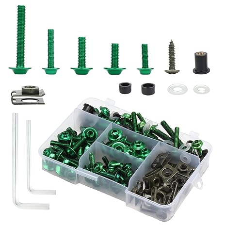 Motorcycle Fairing Bolt Kit, M5 M6 Aluminum Windscreen 177 Pcs Screws Mounting Kits Washers Nuts Screws Assortment Replacement for Kawasak Suzuki Honda Ducati Yamaha BMW GSXR Modified Parts(Green)