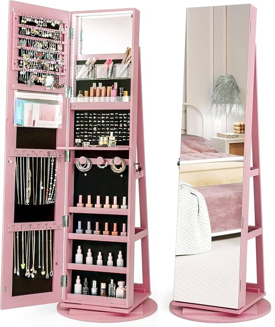 Multigot 3-Color LED Lights Jewellery Cabinet, 3-in-1 360 Swivel Jewelry Armoire with Full-Length Mirror, Lockable Cosmetic Storage Organizer for Dressing Room Living Room Bedroom (Pink)