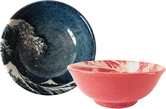 Mino ware Japanese Pottery Pair Ramen Noodle Donburi Bowl Mt.Fuji & Big Wave (set of two) made in Japan AKG001 (1 x Blue, 1 x Red)