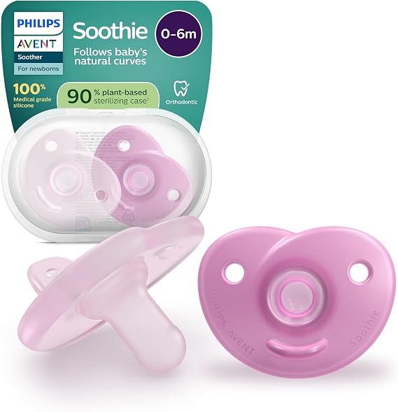 Philips Avent Soothie Soothers - One-Piece Silicone Design, Newborns, Flexible Teat, BPA-Free, Sterilising Case, 2 Pack, SCF099/27