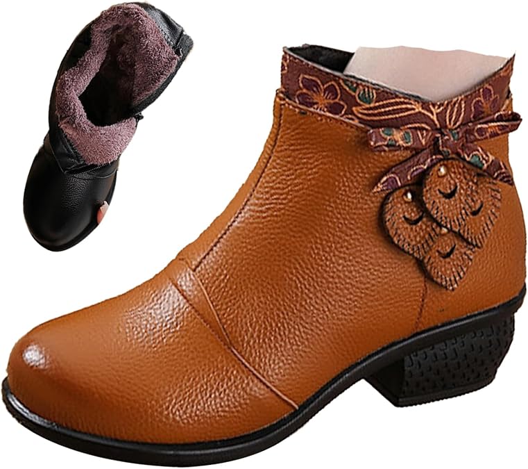 Women's Leather Dress Ankle Boots Zipper Cute Bow | Vintage Comfort Chunky Block Waterproof Non-slip Side Casual Short Booties