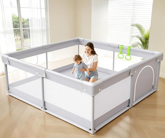 Ugozee Play Pen Babies and Toddlers – Indoor Baby Playpen for Living Room, Small Playpen for Babies, Featuring 2 Hand Pulling Ring, 120x120cm, Play Yard