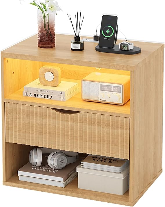 LAKEMID Fluted Wood Nightstand with Charging Station,24" Night Stand with Lights,Bedside Tables with Drawers,Bed Side Table for Bedroom,Natural Oak