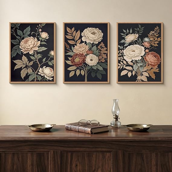 HOURIA Large Moody Dark Flower Framed Canvas Wall Art Set-12"x16"x3