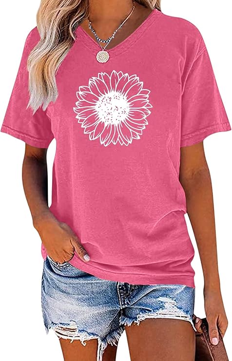 EADINVE Womens Sunflower Graphic Printed Tee Short Sleeve V Neck Summer Top