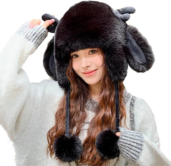 Women Girls Winter Plush Faux Fur Hat Cute Animal Horns Ears Cap Furry Soft Hooded Beanie Trapper Animal Costume Hat
