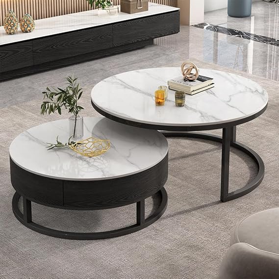 Center Table, Nesting Table, Round, Set of 2, Ceramic Style, With Drawers