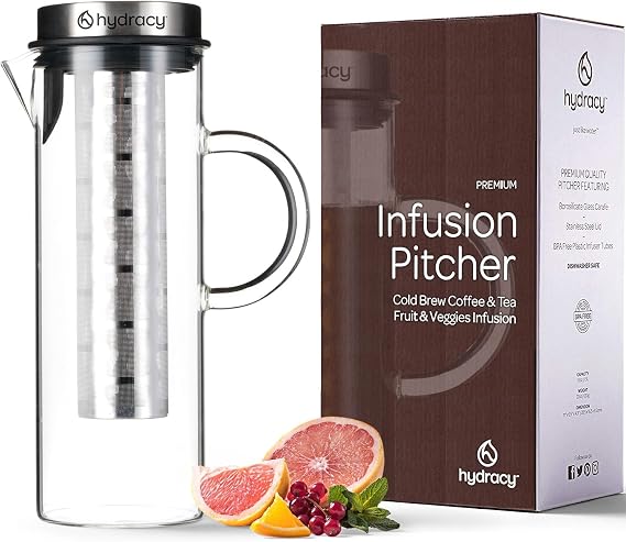 Hydracy Cold Brew Coffee Pitcher,Borosilicate Glass Iced Tea Maker 52oz | BPA-Free,Fruit Infusion Tube,Stainless Steel Lid,Thermal Resistant,Dishwasher Safe,Fits Fridge Door for Home & Office