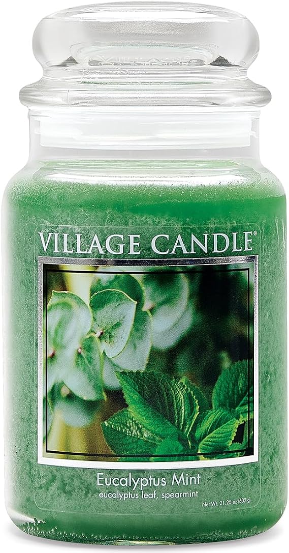 Village Candle Eucalyptus Mint Large Glass Apothecary Jar Scented Candle, Gift for Mom & Dad, 21.25 oz., Green