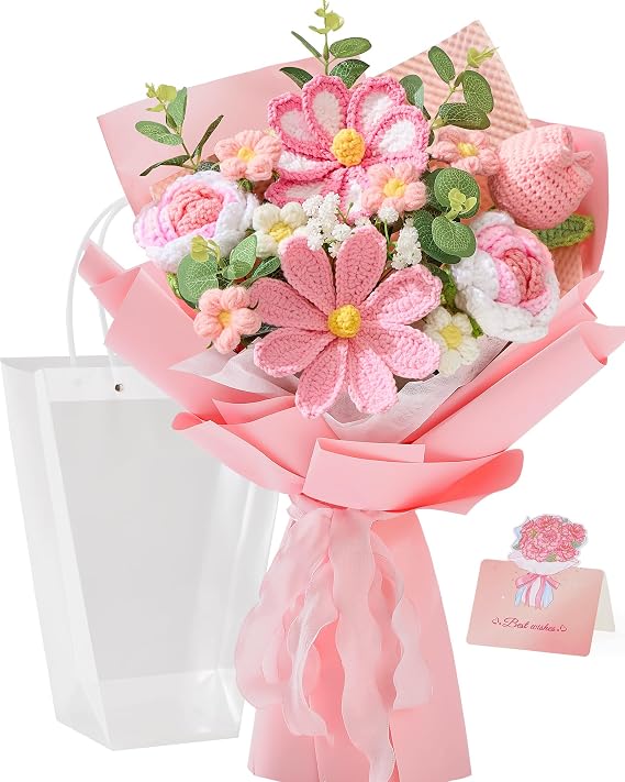 Alecono Crochet Flower Bouquet, Pink Handmade Knitted Flowers, Crochet Tulips Galsang Flower for Mother's Day Anniversary Birthday Graduation Lover Valentines Day Gifts (with Card)