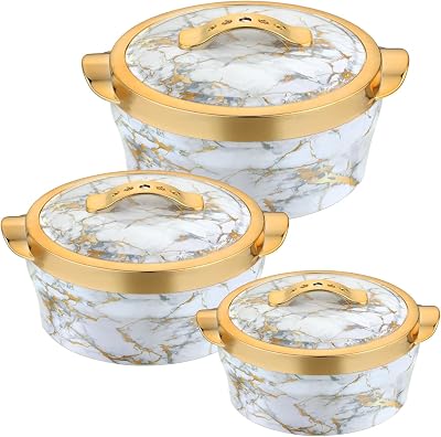 Casserole Thermoware Serving Stainless Steel Hot Cold Food Insulated Casserole Double Wall Hot Pot Jumbo Set of 3, White Marble