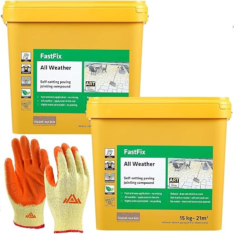 Fast Fix All Weather-Ready to Use, Self-Setting Paving Jointing Compound for Any Weather, Suitable for Stones Setts, Paving Block and Footpaths 15kg - 21 sq.m 2 pack with Gloves (Dark buff)