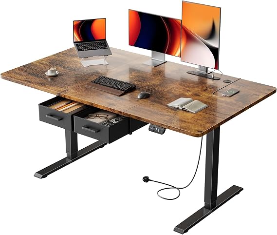 140x80cm Electric Standing Desk, 2 Drawers, Power Outlet | Height Adjustable Sit Stand Desk, 72-117 cm, 2 Memory Smart Pannel, Equipped with 3 USB Ports, Ideal for Home Office, Brown