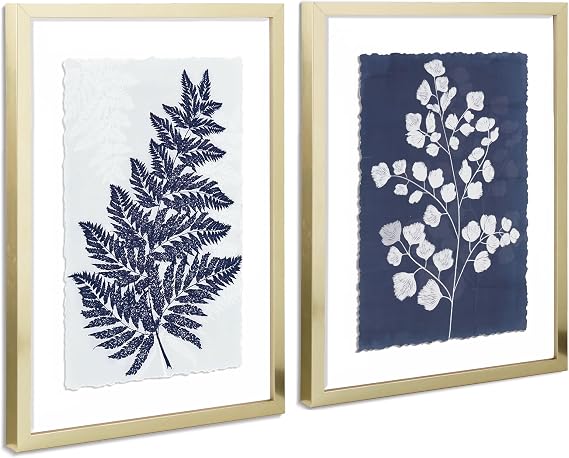 ArtbyHannah Blue Bathroom Wall Art Decor, 12x16 Inch Gold Frame & 3D Torn Edge Botanical Tropical Leaf Moisture Proof Artwork Prints for Bedroom, Living Room (2 Pack)