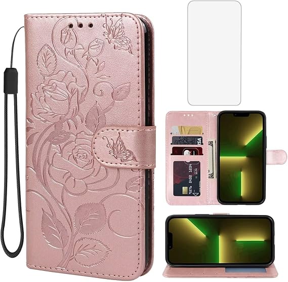 iPhone 13 Mini用ケース強化ガラススクリーンプロテクター付きウォレットケース、フラワーレザーフリップクレジットカードホルダースタンドフォンカバーケース iPhone 13 Mini用 ローズゴールド