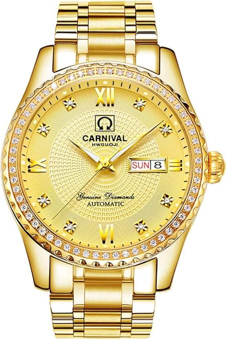 Carnival Mens Dial Automatic Full Gold Stainless Steel Sapphire Glass Waterproof Men Black Watch