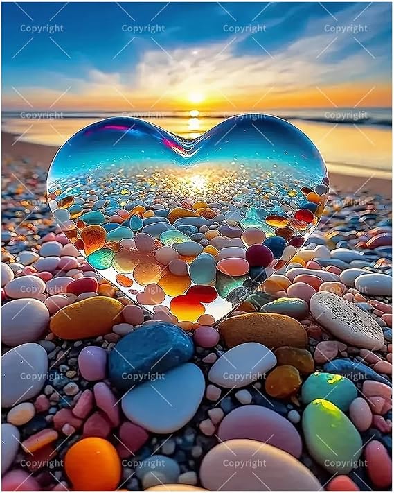 Romantic Paint by Numbers Kit for Adults - DIY Heart Glass and Pebble Beach Sunset Painting on Canvas 16x20 Inches,Acrylic Paint Set,Suitable for Beginners,Love Art for Home Decoration/Gifts
