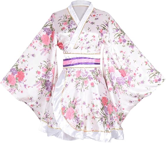 Women's Japanese Kimono Robe Anime Cosplay Costume Dance Yukata Silk Bathrobe Fancy Dress