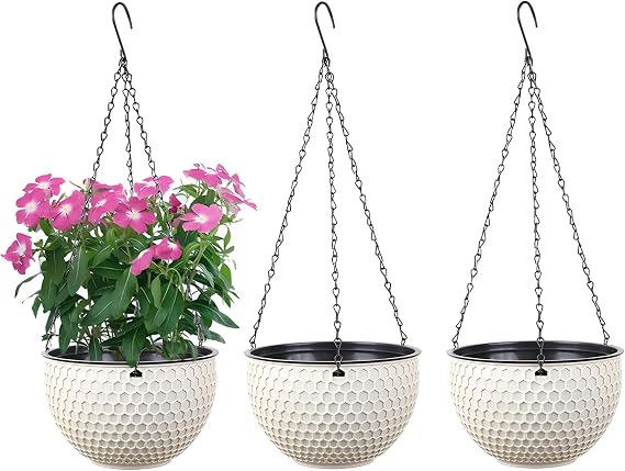 Hanging Flower Pots, Set of 3, Self-Watering Hanging Plant Pots with Water Reservoir & Drainage Hole Honeycomb Hanging Basket with Rustproof Chains for Indoor Outdoor 6.5" 8.2" 10"