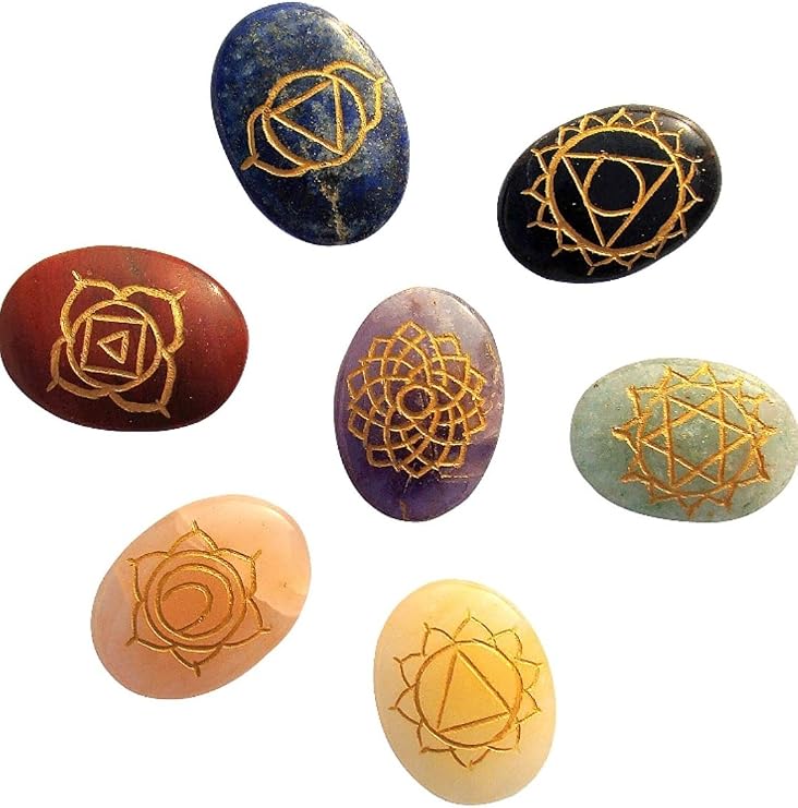 7 Chakra Healing Crystals Oval Stones Set - Reiki Crystal Engraved Symbols Holistic Palm Crystals