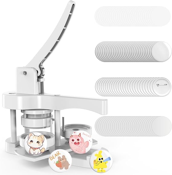 Button Maker Machine, Pin Maker Machine, Button Press Machine, DIY Badges Making Machine Kit with Free 50pcs Supplies, Installation-Free (White, 58mm)