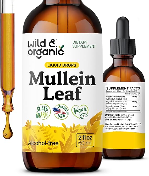 Wild & Organic Mullein Drops for Lungs - Detox and Cleanse Support - 2 oz | Lung, Immune Support - Mullein Leaf Extract for Lungs - Echinacea, Licorice Root - Add to Tea - Verbascum Thapsus Tincture