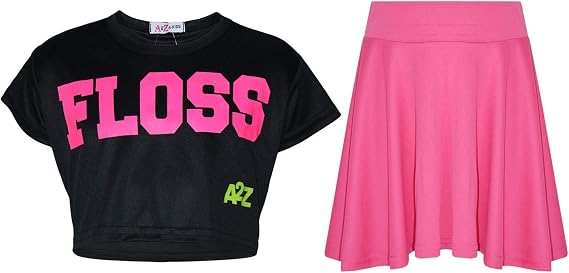 A2Z Kids Girls Floss Fashion Crop Top Stylish T Shirt Top & Skater Skirt Set 5-13 Yr