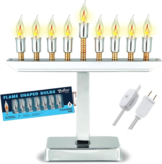 Transitional Electric Menorah with Gold Accents Highly Polished Chrome Plated Menorah Includes a Set of 9 Flickering Bulbs Hanukkah Candle Light Electronic Chanukah Minorah