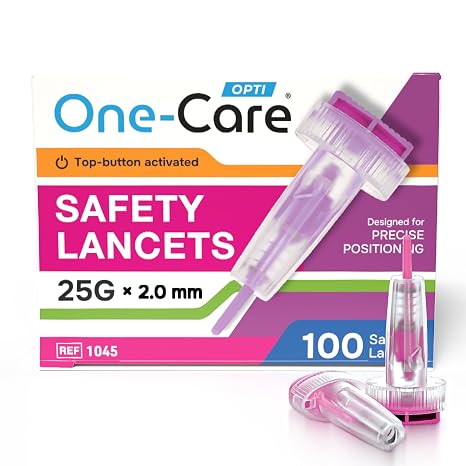 ONE-CARE OPTI Safety Lancets, 25G x 2mm, 100/bx, Push Button Activated | Single Use, Push-Button Activation, Fingerstick, Glucose Testing at Home, Easy & Gentle Use, Twist-Off Cap