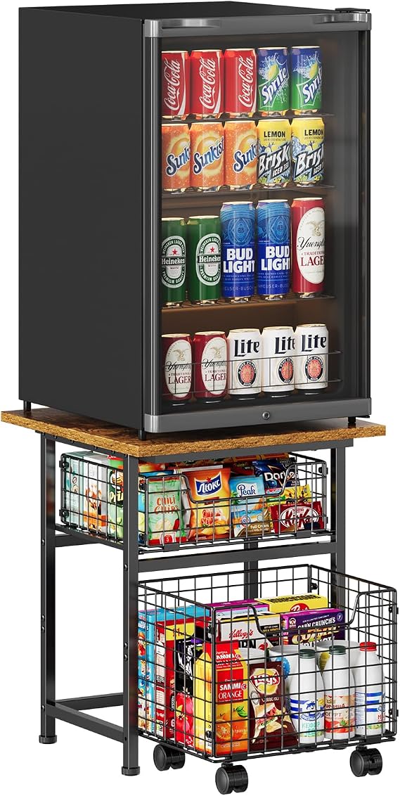 Mini Fridge Stand with Storage, Small Refrigerator Stand with 2 Drawers, Mini Fridge Shelf Cabinet-Max Load 350 LBS Heavy Microwave Stand Mini Fridge Cart for Dorm, Apartment, Kitchen, (Brown)