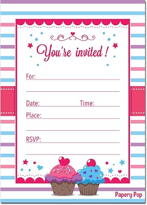 30 Cupcake Birthday Invitations with Envelopes 30 Pack - Kids Birthday Party Invitations for Girls or Boys