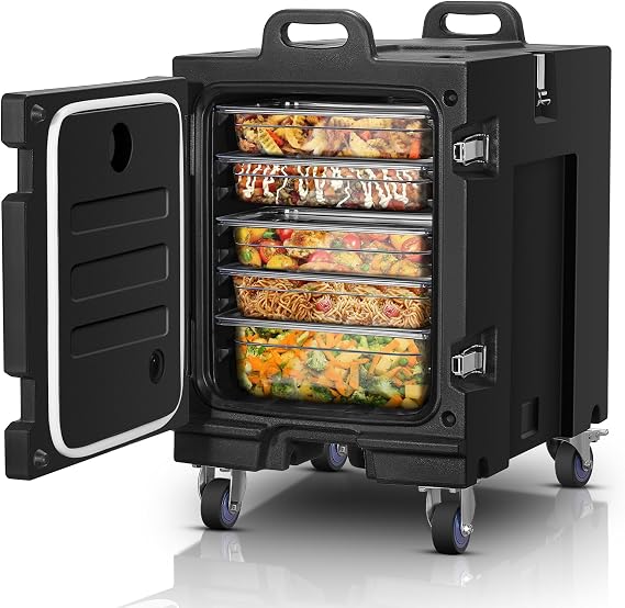Catering Food Warmer, 82Qt Front Loading Hot Box for Catering for Camping | LLDPE Insulated Food Pan Carrier for 5 Full-Size Pan, w/Wheels, Stackable, Handles, Hot Box Food Warmer