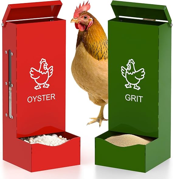 2 Pack Chicken Oyster Shell Feeder and Grit Feeder, Heavy Duty Metal Automatic Chicken Feeders with Lid, Gravity-Fed Chicks Food Dispenser Hanging Poultry Feeders for Coop Ducks Pigeons