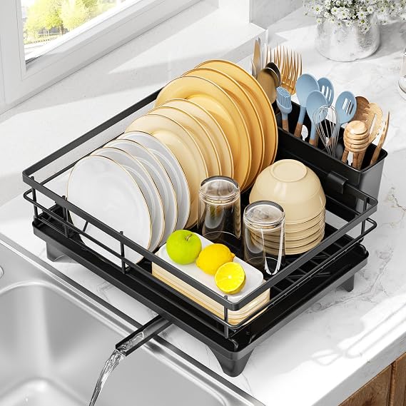 Dish Drainer Rack with Drip Tray, Space Saving Draining Board Rack, Sink Drainer Rack, Large Dish Rack, Drying Rack Kitchen for Utensils Plates Bowls