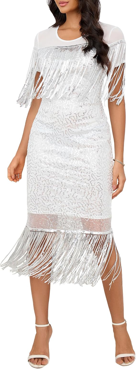VERWIN Women's Fringe Sequins Short Sleeve Tassels Maxi Dress for Prom, Party, and Cocktail
