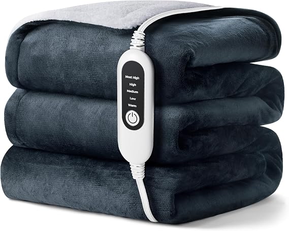 Electric Heated Blanket, Soft Flannel Fabric Heating Blanket with 5-Level Temperature Adjustment Machine Washable ETL Certified Double-Sided Heating