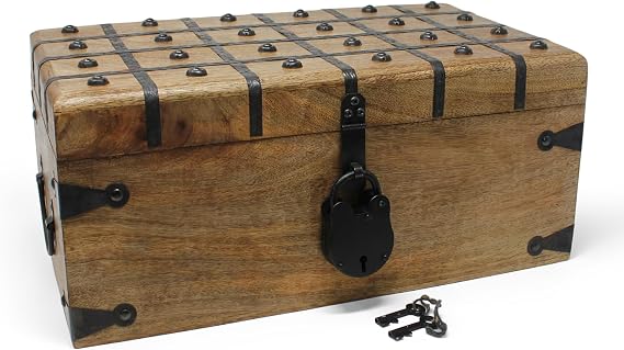 Nautical Cove Treasure Chest Wooden Box with Antique Iron Lock and Skeleton Key (X-Large 17x10x7.5) - Storage and Decor Pirate Wooden Treasure Chest, Decorative Box with Hinged Lid,