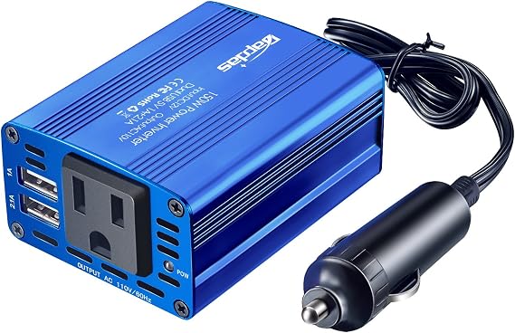 150W Car Power Inverter 12V DC to 110V AC Car Adapter for Plug Outlet Converter with 3.1A Dual USB Car Charger for Laptop Computer-Blue